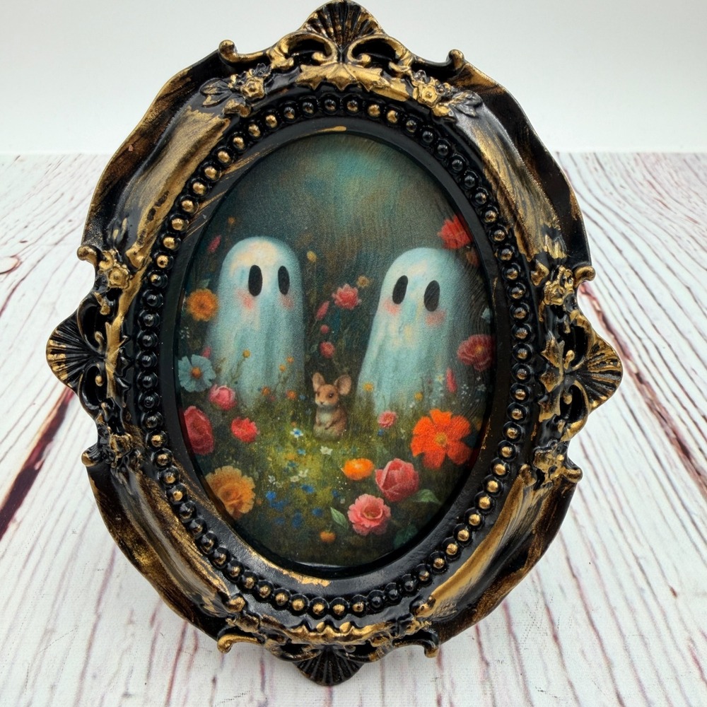 Handmade Mini Ghost Art Ornate Black Gold Resin Frame Decoupage Mouse 4.5 inch